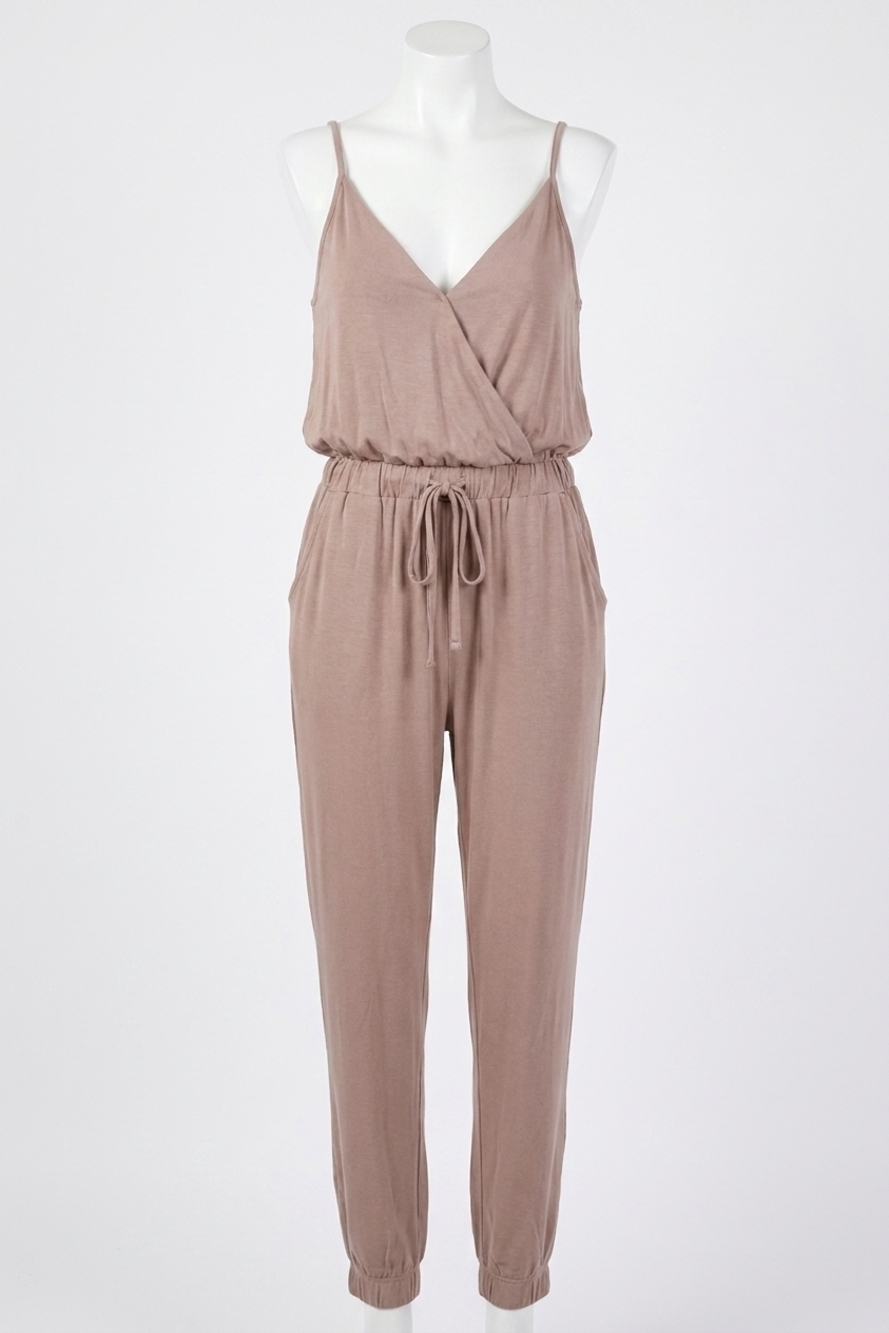 NEW BLUIVY surplice casual jersey jumpsuit in taupe